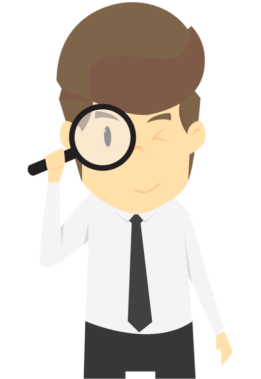 A person with a magnifying glass looking for the page.